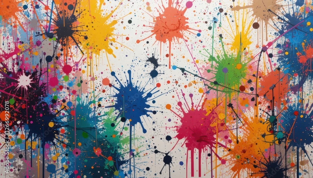 Fototapeta premium Dynamic abstract painting with colorful paint splashes and drips on canvas