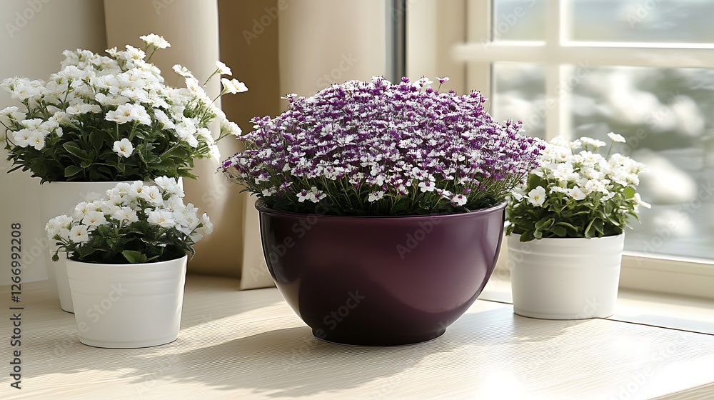 White and Purple Flowers in Pots by Window White and Purple Flowers in Pots by Window
