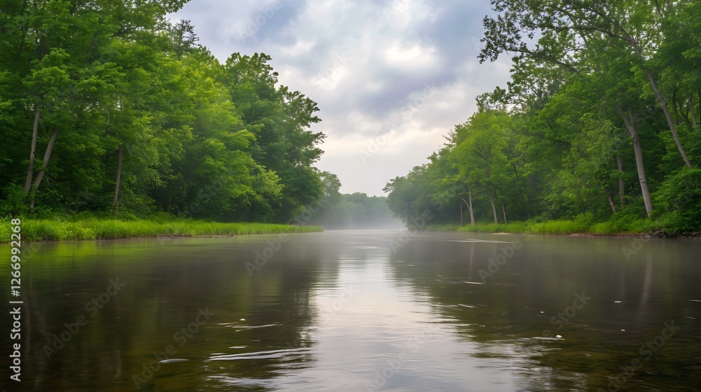Serene River Mist Morning Lush Green Foliage Serene River Mist Morning Lush Green Foliage