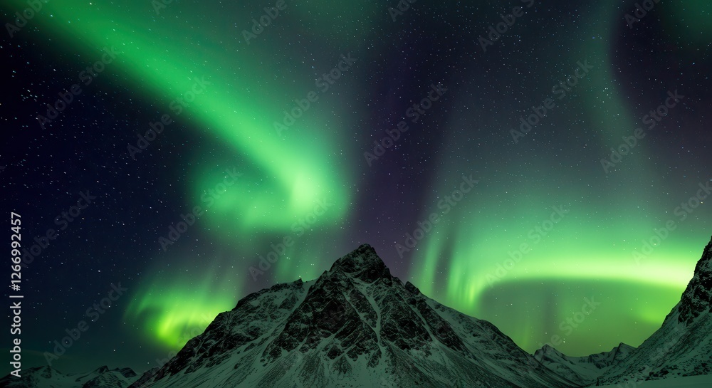 Aurora Borealis Lights Over Snow Capped Mountains at Night Aurora Borealis Lights Over Snow Capped Mountains at Night