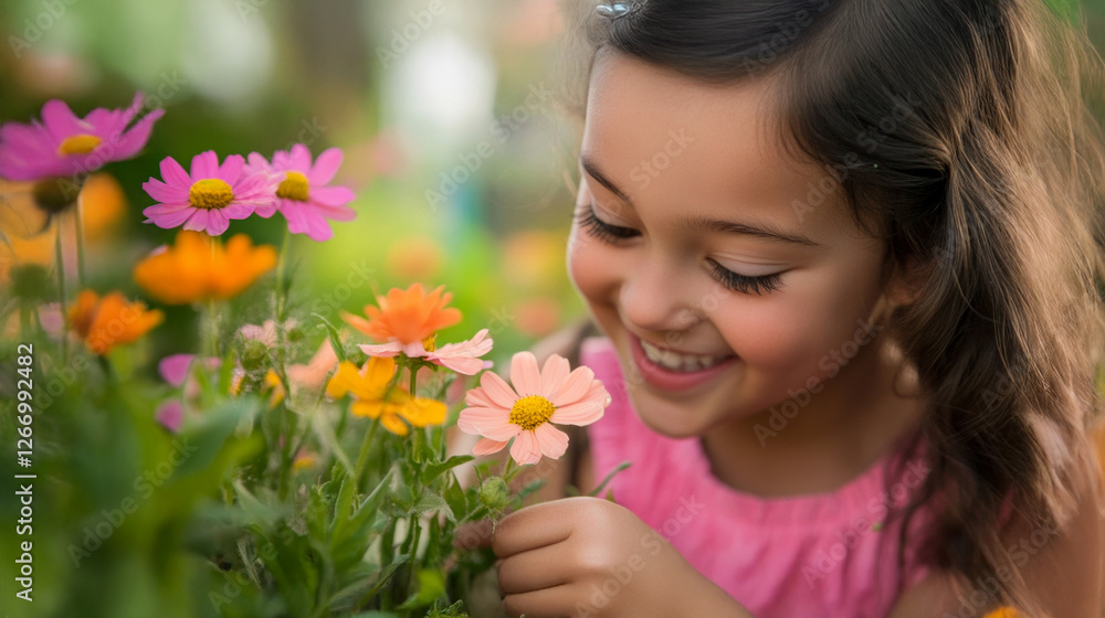 Daughter joyfully discovers vibrant flowers in a sunny garden making her smile bright Daughter joyfully discovers vibrant flowers in a sunny garden making her smile bright