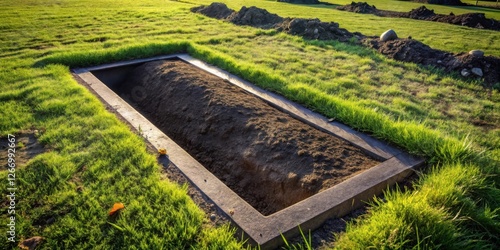 Wallpaper Mural A newly dug grave, freshly filled earth awaits its final resting place, surrounded by vibrant green grass in the setting sun Torontodigital.ca