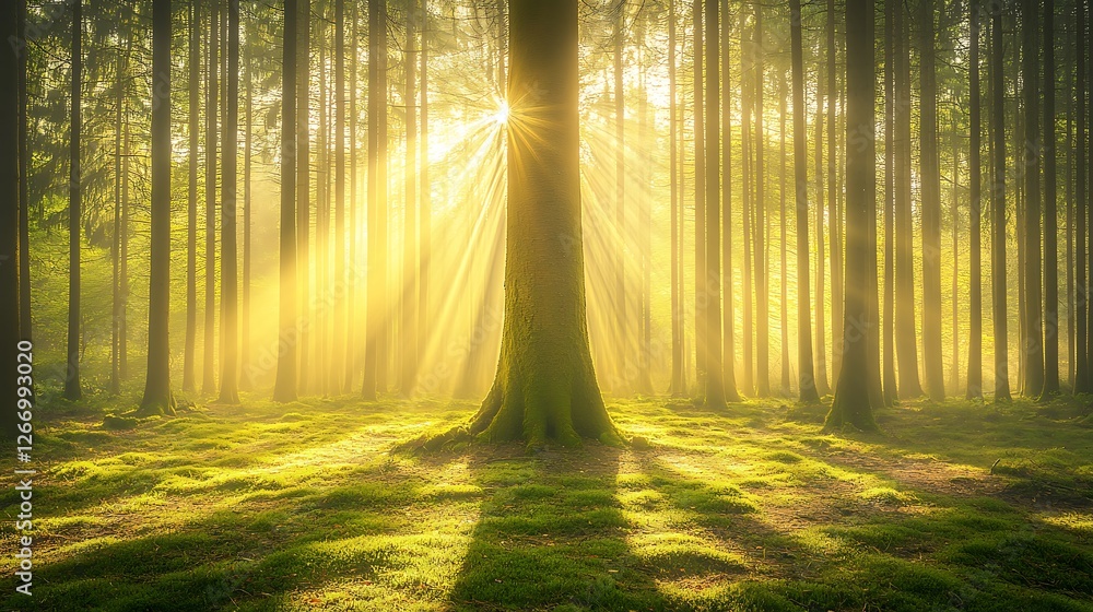 Fototapeta premium Sunlit Forest Scene With Moss Covered Ground