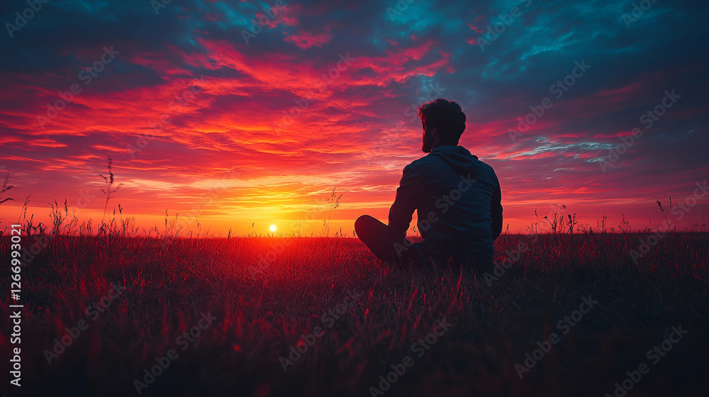 Man sitting, contemplating horizon, peaceful sky Man sitting, contemplating horizon, peaceful sky