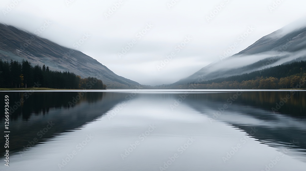 Serene Mountain Lake Reflecting Misty Peaks Serene Mountain Lake Reflecting Misty Peaks