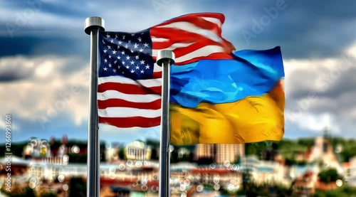 Flags of United States and Ukraine wave together against a vibrant skyline