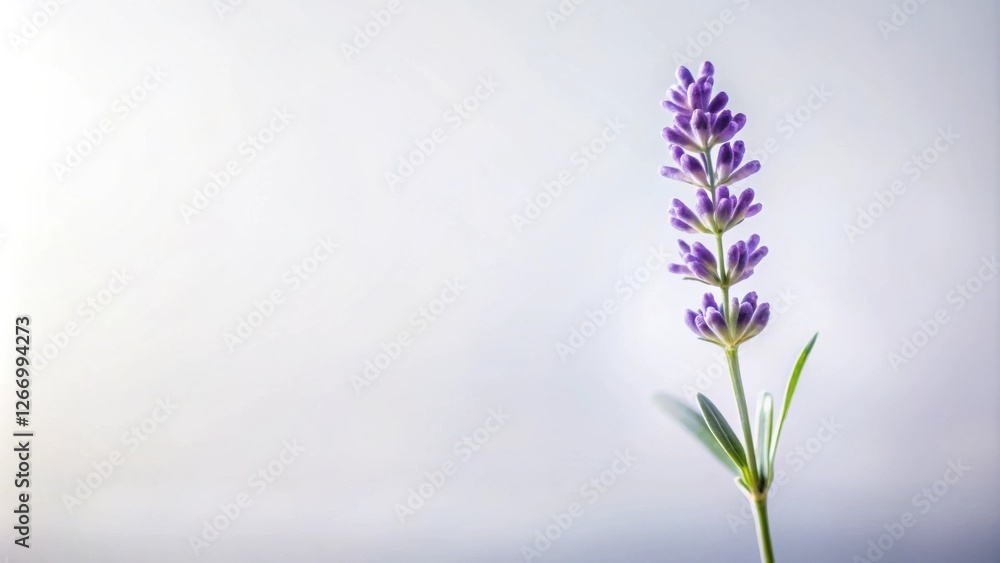 Naklejka premium A single sprig of purple lavender blossoms against a soft white background