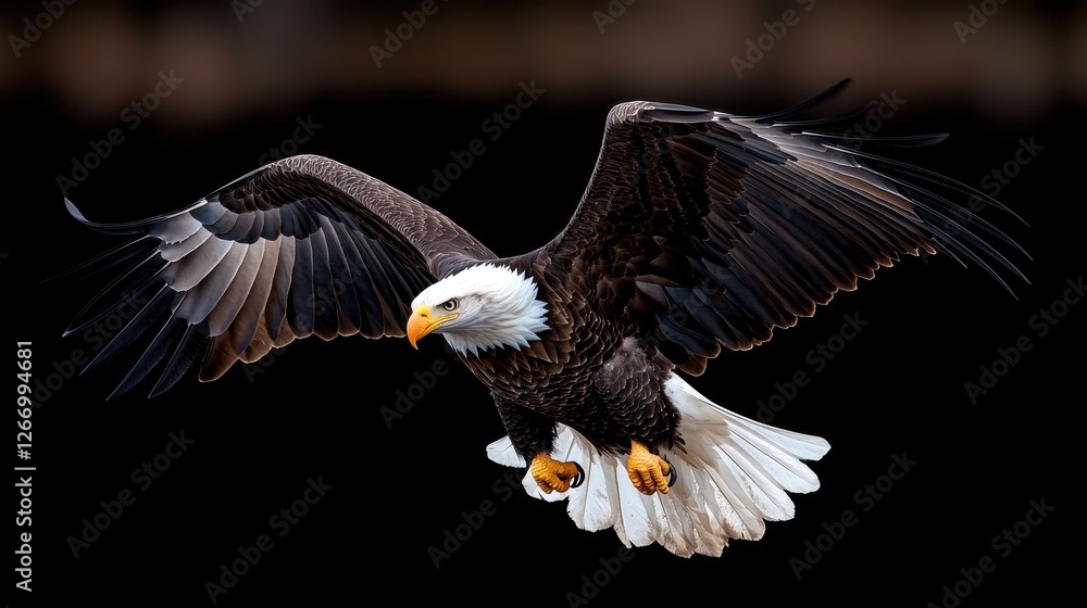 Naklejka premium Majestic Bald Eagle Soaring Gracefully with Outstretched Wings Against Dark Background