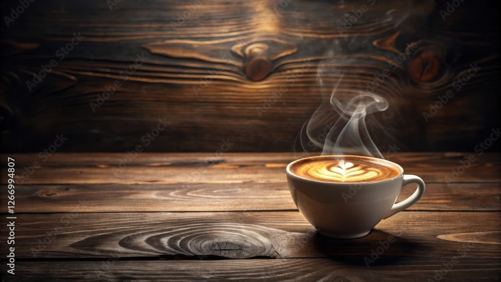 Aromatic Coffee in White Mug on Rustic Wooden Surface with Steam Rising Aromatic Coffee in White Mug on Rustic Wooden Surface with Steam Rising