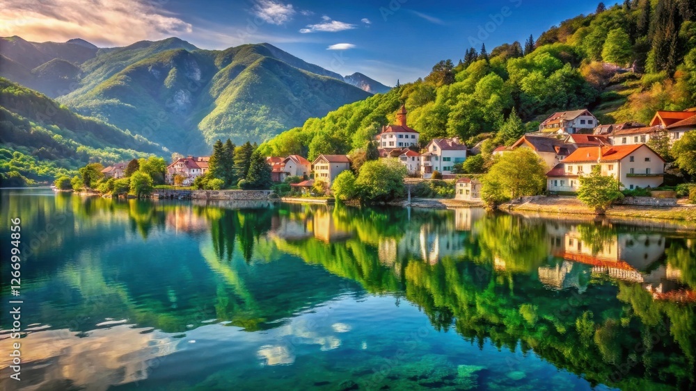 Fototapeta premium Serene Lakeside Village Nestled Amongst Lush Green Mountains at Sunrise