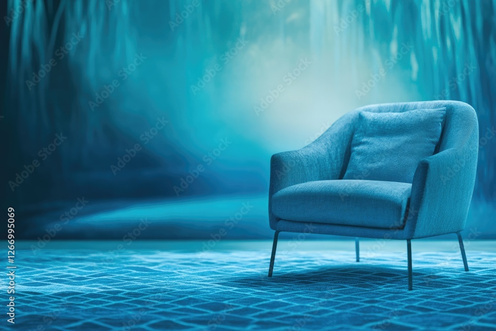 Fototapeta premium A single blue armchair sits in a serene, dimly lit room with a blue textured carpet and wall.