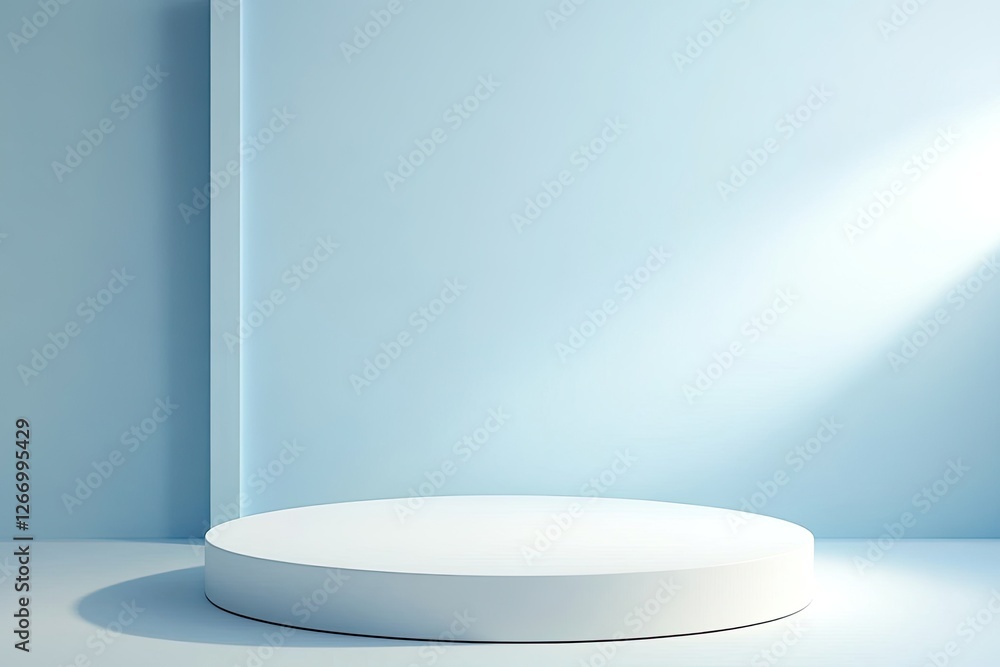 White podium, blue studio, sunlight, backdrop, product display White podium, blue studio, sunlight, backdrop, product display