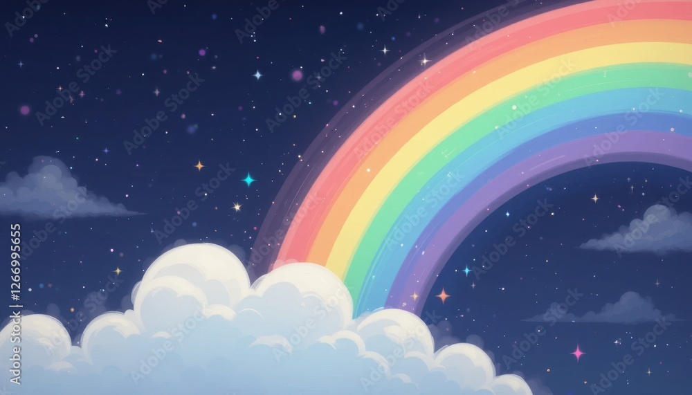 Colorful rainbow over cloudy night sky with stars and twinkling lights Colorful rainbow over cloudy night sky with stars and twinkling lights