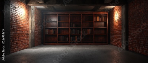 Empty Basement Library Bookshelf, Brick Walls, Dim Light