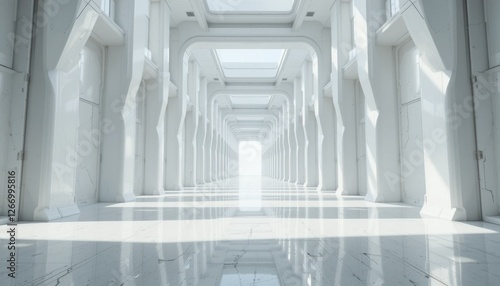 Futuristic white marble corridor with symmetrical archways and natural light