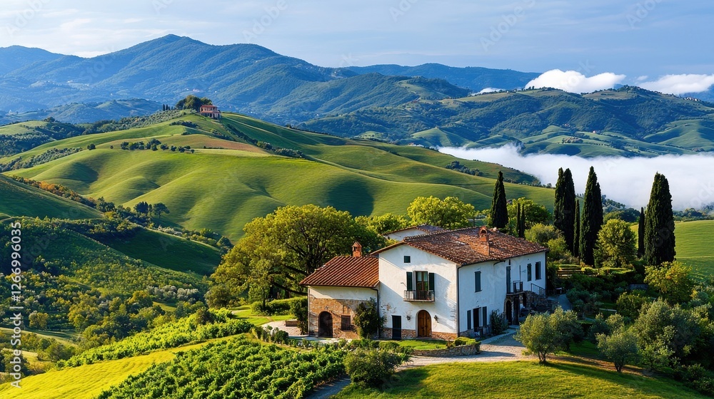 Tranquil Tuscan Landscape with Rolling Hills, Vineyards, and Charming House Under Blue Sky Tranquil Tuscan Landscape with Rolling Hills, Vineyards, and Charming House Under Blue Sky