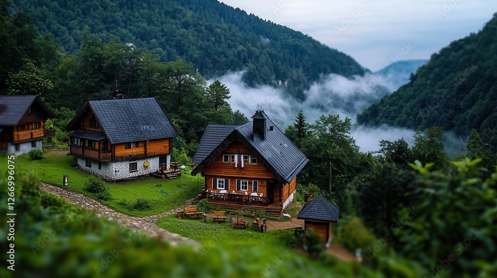Serene Mountain Cabins Surrounded by Lush Greenery and Misty Valleys in Tranquil Landscape Serene Mountain Cabins Surrounded by Lush Greenery and Misty Valleys in Tranquil Landscape
