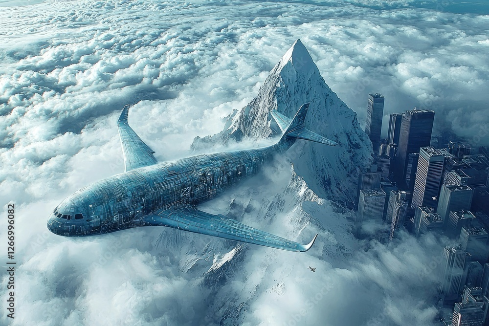Fototapeta premium Airplane Soaring Above Majestic Mountain and Cityscape in a Sea of Clouds