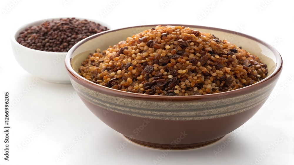 Roasted Grain Bowl: A rustic brown bowl overflows with toasted grains and seeds, showcasing the textures and warmth of wholesome ingredients. A smaller bowl of seeds sits nearby. Roasted Grain Bowl: A rustic brown bowl overflows with toasted grains and seeds, showcasing the textures and warmth of wholesome ingredients. A smaller bowl of seeds sits nearby.