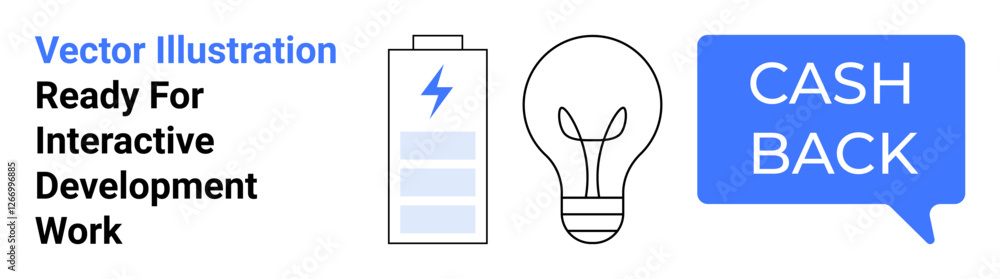 Battery with lightning bolt, glowing light bulb, blue cashback text bubble. Ideal for energy solutions, innovation, sustainability, marketing, customer engagement rewards e-commerce. Modern flat Battery with lightning bolt, glowing light bulb, blue cashback text bubble. Ideal for energy solutions, innovation, sustainability, marketing, customer engagement rewards e-commerce. Modern flat