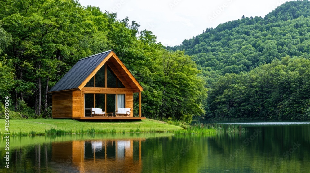 Serene Wooden Cabin by Tranquil Lake Surrounded by Lush Green Forest Mountains Serene Wooden Cabin by Tranquil Lake Surrounded by Lush Green Forest Mountains
