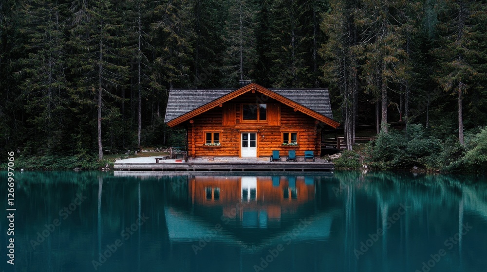 Fototapeta premium Tranquil Wooden Cabin Reflected in Serene Blue Lake Surrounded by Lush Green Forest