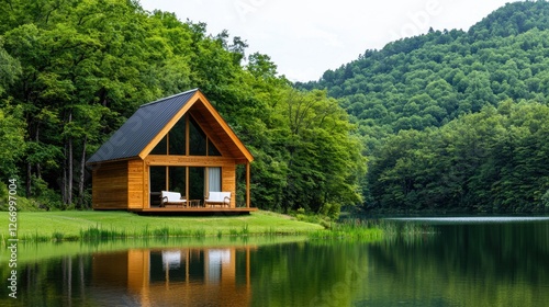 Serene Wooden Cabin by Tranquil Lake Surrounded by Lush Green Forest Mountains