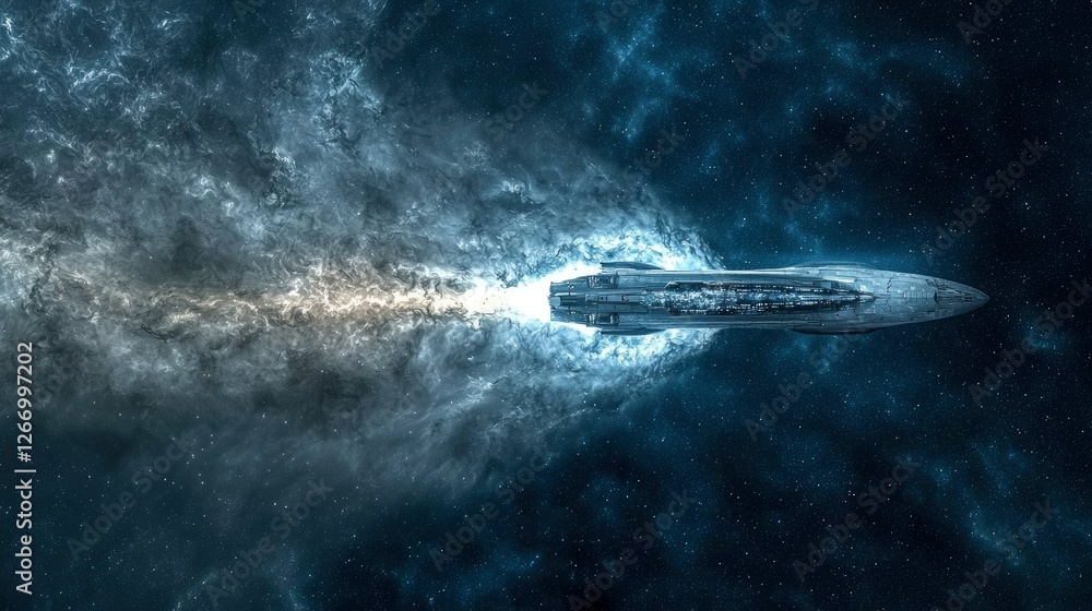 Fototapeta premium Futuristic Spaceship Warp Speed Through Nebula in Deep Space