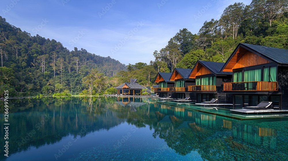 Fototapeta premium Serene Eco-Friendly Lakeside Cottages Surrounded by Lush Green Mountains and Clear Water