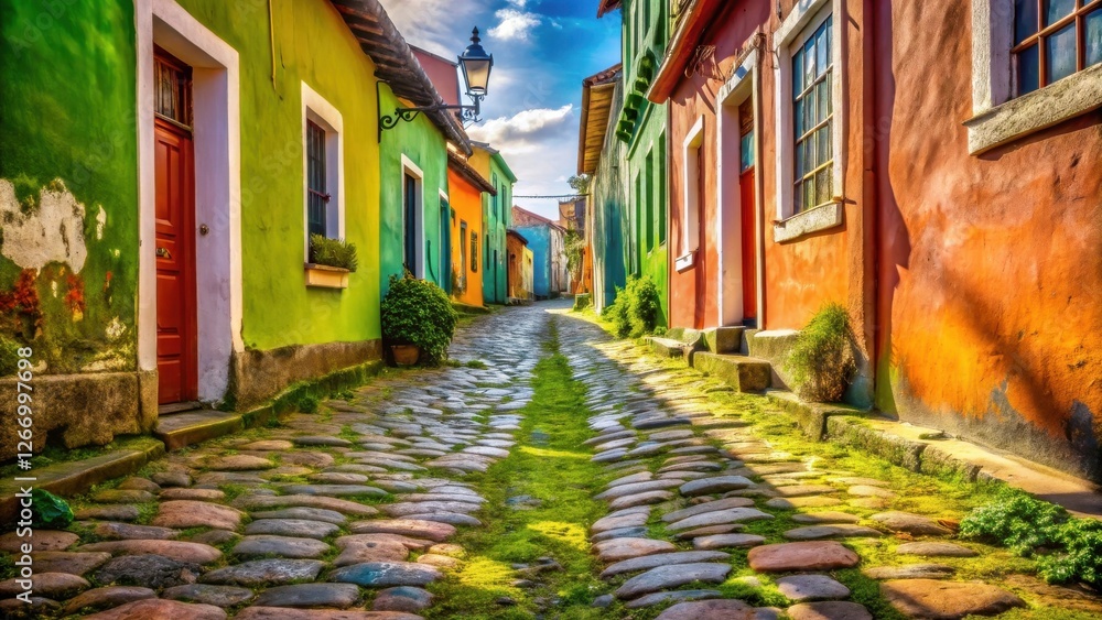 Fototapeta premium A sunlit cobblestone lane meanders through a row of vibrantly colored houses, showcasing charming architectural details and lush greenery.