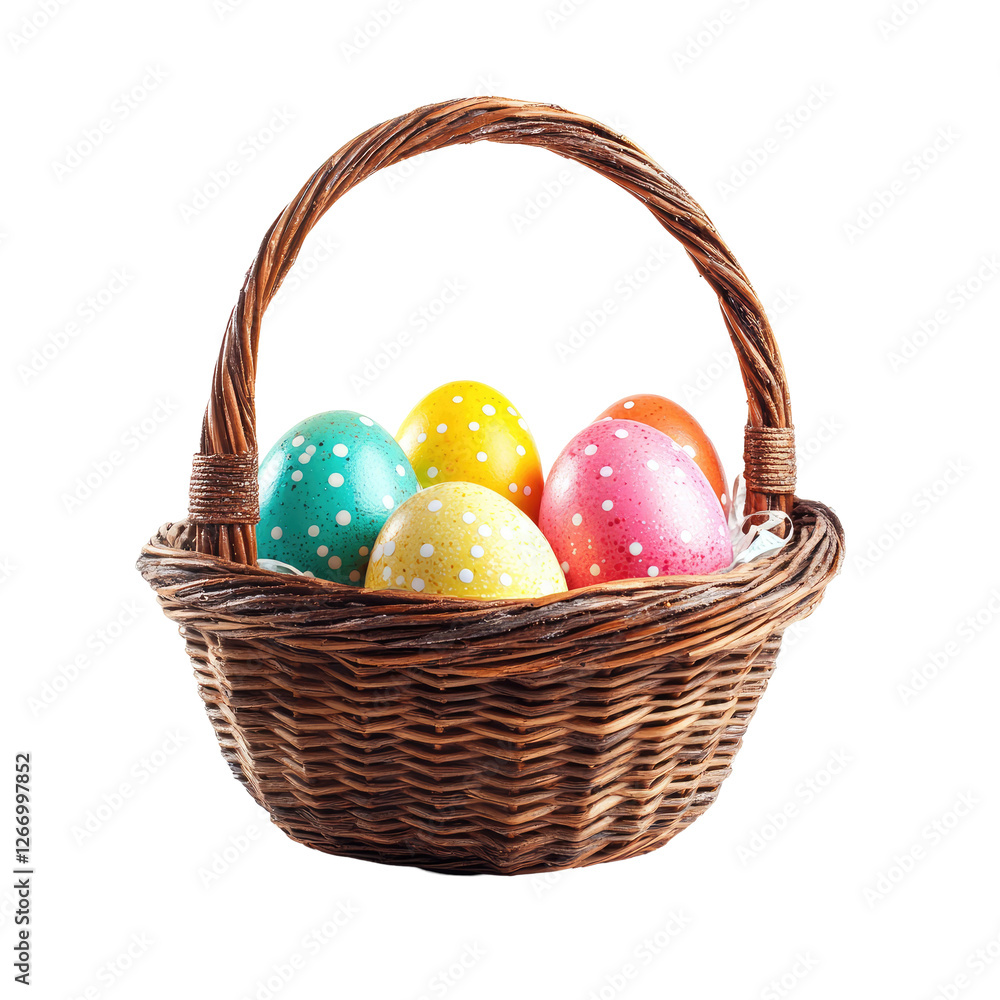 Naklejka premium colorful easter eggs with wicker basket isolated on white or transparent background