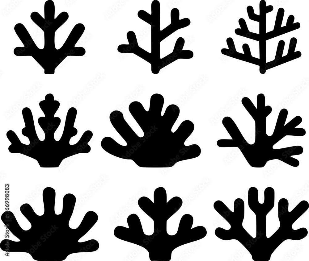 Fototapeta premium Black Silhouette Coral Reef Illustration Set