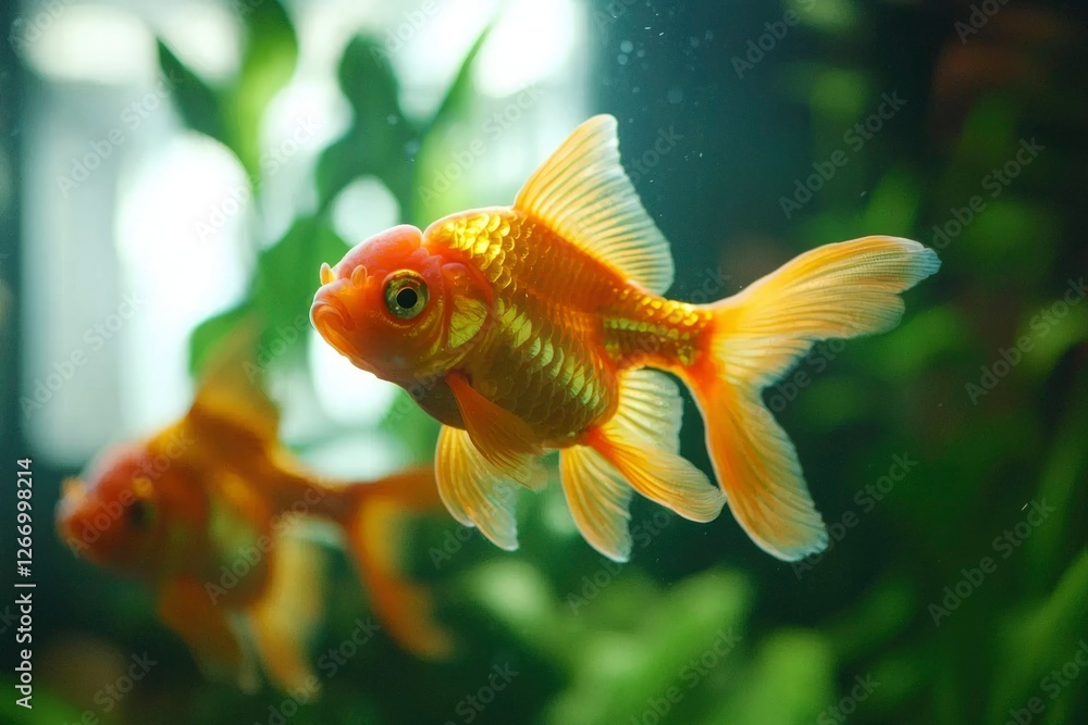Goldfish swimming in aquarium amongst plants for pet care promotion Goldfish swimming in aquarium amongst plants for pet care promotion