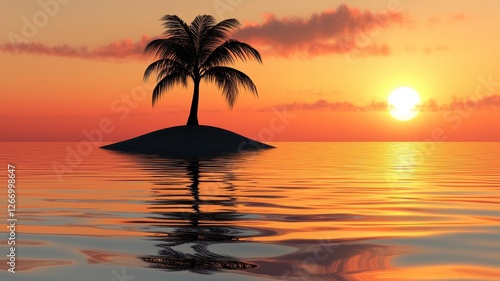 Sunset reflection on calm water with palm tree silhouette tropical island oasis nature landscape photography