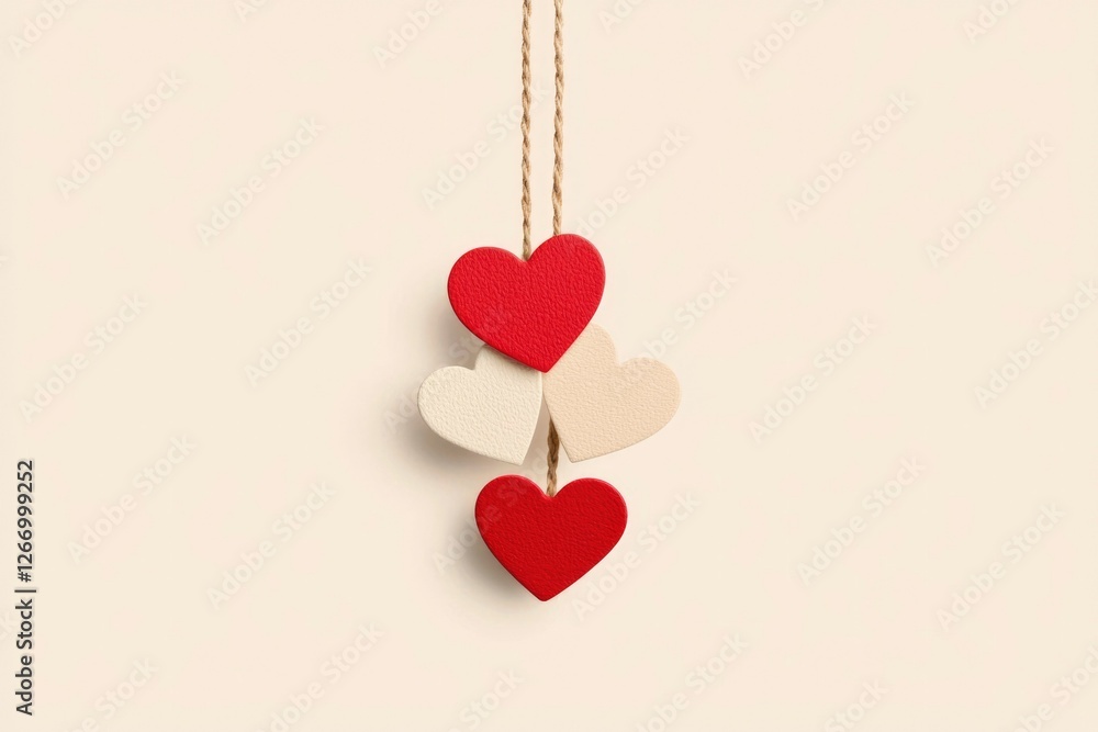 Hearts dangling from a twine string against a solid colored background Hearts dangling from a twine string against a solid colored background