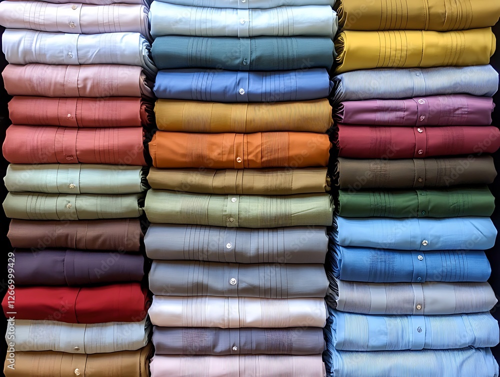 Bright and Fresh Folded Clothes Arranged in Piles, Vibrant Pastel and Bold Colored Apparel Neatly Stacked Against a Warm Coral Background for a Cheerful Aesthetic Bright and Fresh Folded Clothes Arranged in Piles, Vibrant Pastel and Bold Colored Apparel Neatly Stacked Against a Warm Coral Background for a Cheerful Aesthetic