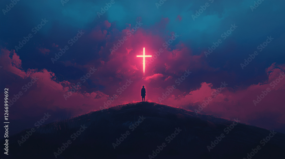 Lone Figure Looking at a Glowing Cross - Easter Symbolism Lone Figure Looking at a Glowing Cross - Easter Symbolism