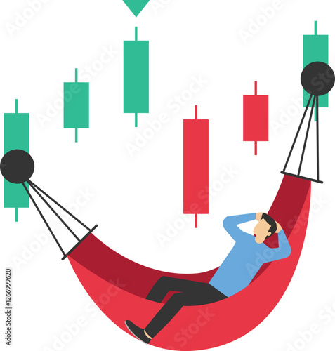 Passive income concept, earning with no effort by make profit or dividend from investment and achieve financial freedom concept, businesswoman sleeping in hammock with investment growth graph bar

