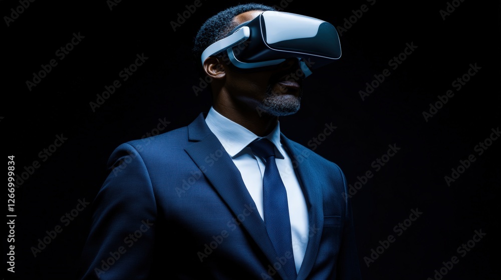 Man in suit wearing virtual reality headset experiencing surreal digital world Man in suit wearing virtual reality headset experiencing surreal digital world