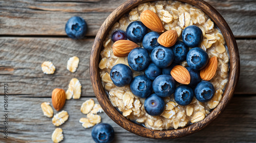 A comforting bowl of oatmeal porridge with blueberries and almonds, beautifully arranged on a wooden table, ideal for a healthy breakfast.






