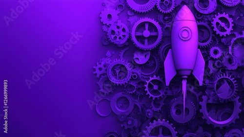 A rocket and interlocking gears on a vivid purple background represent creativity, collaboration, and the spirit of startups and entrepreneurship.