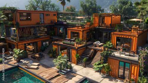 Luxury container home featuring multiple stacked containers, with modern outdoor furniture, a pool, and a landscaped yard photo