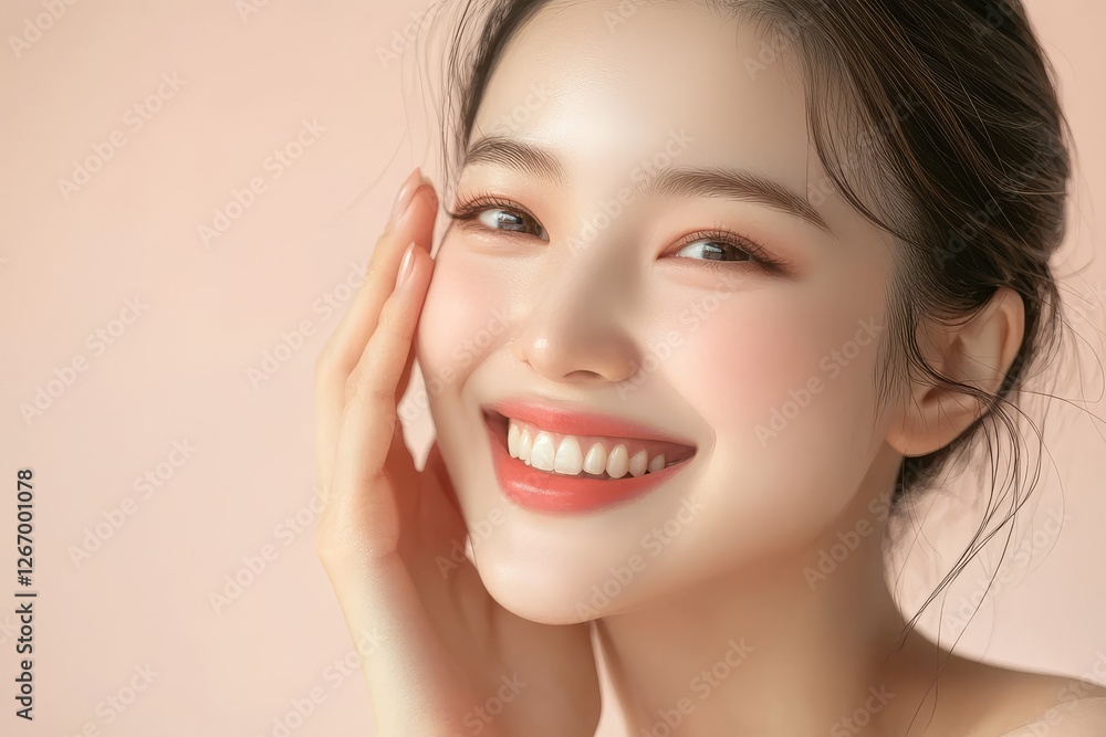 Fototapeta premium A beautiful Asian woman gently touches her face, emphasizing her radiant complexion. 