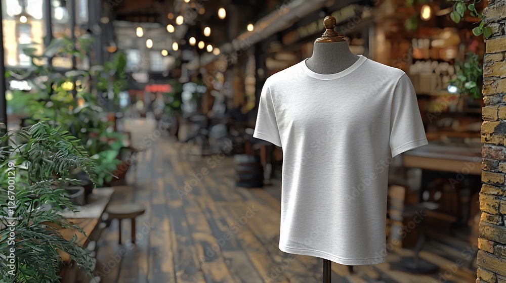 A plain white t-shirt displayed on a mannequin in a vibrant cafe with wooden floors and plants A plain white t-shirt displayed on a mannequin in a vibrant cafe with wooden floors and plants