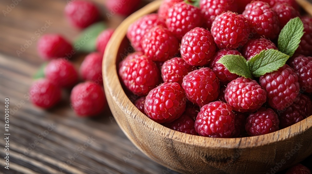 A Bowl of Fresh Raspberries on Wooden Table A Bowl of Fresh Raspberries on Wooden Table