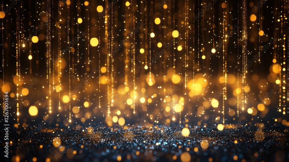 Cascading gold sparkle rain effect studio animation dark background close-up festive atmosphere Cascading gold sparkle rain effect studio animation dark background close-up festive atmosphere