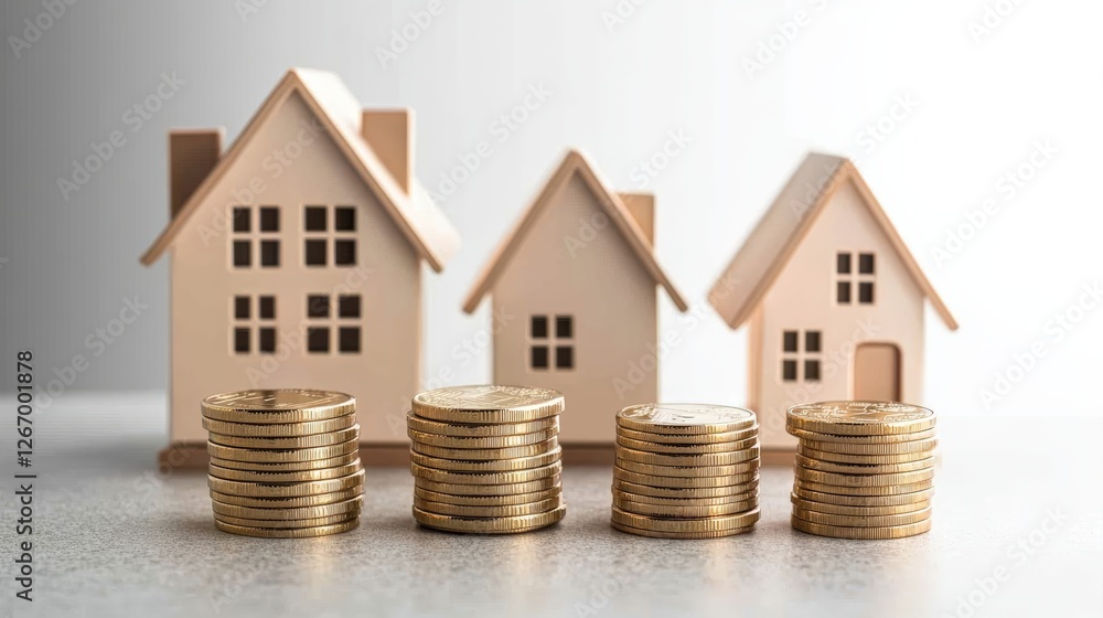 Model house with stacks of coins on a table representing real estate investment and financial growth Model house with stacks of coins on a table representing real estate investment and financial growth