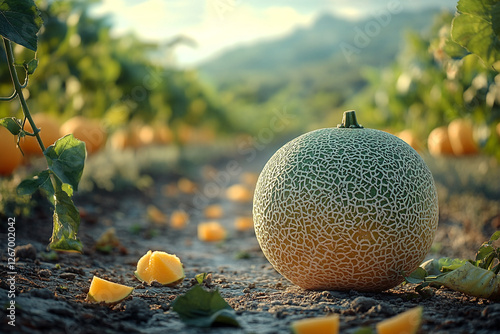 A Rustic View of a Melon Field, Organic and Fresh Harvest with Sunshine