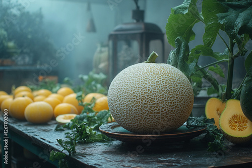 Freshly Harvested Cantaloupes on a Weathered Table with Rustic Vibe