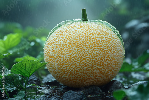 Rain-kissed melon, Fresh produce glistens amidst dewy leaves in garden